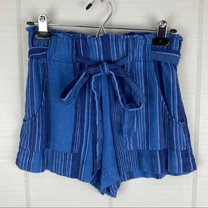 Rocks & Indigo Striped Linen Blue Shorts Tied Paperbag Waist